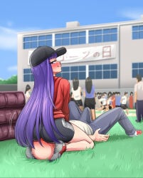 1boy 1girls anonymous_male ass ass_smothering background_characters bald bald_male baseball_cap blue_eyes blush blushing blushing_female blushing_male clothed clothed_female clothed_male clothed_male_clothed_female commission commission_art commissioner_upload cuuki0 erection erection_under_clothes erection_under_clothing face_in_ass faceless_male facesitting fate/grand_order fate_(series) femdom hat jacket long_hair looking_back looking_back_at_another looking_back_at_partner non_nude purple_hair saint_martha shoes shorts sitting sitting_on_person smirk smirking smirking_at_partner smothering smothering_ass spats spats_shorts sports_festival sports_shorts sportswear sweat sweatdrop tagme track_and_field variant variant_set