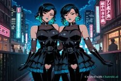 1girl ai_assisted ai_generated armor bare_shoulders black_bodysuit black_dress black_eyes blue_lipstick city cityscape clouds cowboy_shot crotchless curvy dancing dark_theme detailed_pussy dynamic_lighting elbow_gloves fishnets frilled_dress gloves high_contrast kagami_hirotaka koukawa_oboro looking_at_viewer makeup marvel multicolored_hair neon_lights nico_minoru night night_sky outdoors party short_hair soft_shading taimanin_asagi_zero taimanin_suit thigh_gap visible_pussy
