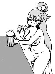 annoyed aqua_(konosuba) beer card chubby dumb kono_subarashii_sekai_ni_shukufuku_wo! large_breasts monochrome nude pout sitting