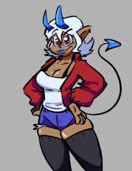 2d_(artwork) blue_horns blue_lipstick dark_skin elf_ears jacket jean_shorts red_eyes red_jacket sharp_teeth short_hair sketch succubus succubus_horns succubus_tail thegreenthief thick_thighs thighhighs white_hair