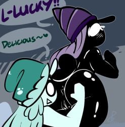 1upgobbo anthro anus black_body black_skin blush butt circle_eyes duo female female/female gastropod genitals green_body green_hair green_skin grope hair hi_res lucky_daze male mollusk no_thoughts nude open_mouth purple_hair shadow_face shell_hat snail spiral_stream_derby spiral_tapp spread_butt spreading surprised thefablednekos vulva