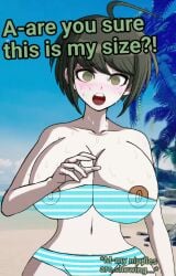 ahoge alternate_version_available beach big_breasts danganronpa danganronpa_ultra_despair_girls green_eyes green_hair huge_breasts naegi_komaru nipples nipples_visible_through_clothing self_upload sprite sprite_art sprite_edit swimsuit swimwear text thick_thighs tight_clothing wide_hips