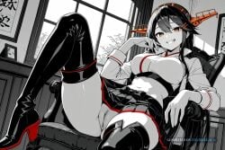 1girl ai_assisted ai_generated beautiful black_hair black_skirt black_thighhighs brown_eyes crop_top cropped_jacket day dress general grayscale grin hairclip haruna_(kantai_collection) headgear high_contrast highres indoors kantai_collection long_hair long_sleeves looking_at_viewer midriff no_nose perfect_anatomy pleated_skirt pussy sharp_teeth sitting_on_chair slit_pupils smug socks thigh_boots upskirt_view white_jacket