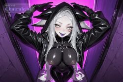 1girl absurd_res ai_assisted ai_generated animal_ears black_bodysuit black_clothing black_jacket black_leggings bodysuit covered_navel devious_grin ears_down first_person_perspective forehead fox_ears fox_girl grey_eyes grey_hair grey_skin hands_above_head hard_nipples hood_up indie_virtual_youtuber jacket large_breasts long_hair long_sleeves lustful open_clothes open_jacket parted_bangs perfect_ass posing_for_viewer purple_tongue seductive standing thigh_gap tight_clothing tongue two_tone_skin very_long_hair virtual_youtuber white_eyes white_hair white_skin white_socks