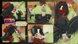 7:4 accessories_only anal anal_orgasm anal_penetration anthro anvil_position balls beret black_body blot_(dandy's_world) blush blushcrunch_studio bodily_fluids breath circumcised clothing comic cum cum_drip cum_in_ass cum_inside cum_while_penetrated dandy's_world dandy_(dandy's_world) dialogue dripping duo ejaculation excessive_cum excessive_genital_fluids eyes_closed feet foot_lick from_front_position genital_fluids genitals glistening glistening_body green_body hand_on_butt hands-free hat headgear headwear hi_res holding_butt humanoid_genitalia humanoid_penis internal kneeling legs_up licking long_tongue lying male male/male motion_lines nikeshka nude on_back onomatopoeia oral orgasm penetration penile penile_penetration penis prostate_stimulation rimming roblox scarf sex short_tail size_difference slightly_chubby sound_effects spread_legs spreading tail text tongue vein veiny_penis