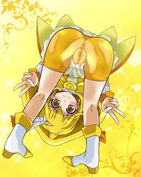 blonde_hair blush censored clothing double_v looking_at_viewer looking_back looking_back_at_viewer looking_between_legs looking_between_own_legs nekonta pretty_cure shorts smile_precure solo tagme v yayoi_kise yellow_background yellow_eyes yellow_theme