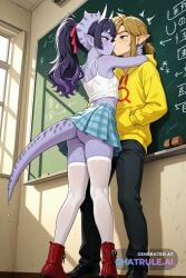 1girl against_wall ai_assisted ai_generated chalkboard checkered_skirt doggy_style doggy_style_sex dripping_pussy facing_forward forced from_behind hand_on_back hand_on_neck head_frill head_turned light_purple_skin looking_away purple_eyes snoot_game white_horns