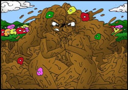 breasts catfight composition demeter demeter_(mythology) female female_focus fight fighting flower flower_in_hair gaia_(greek_mythology) gaia_(mythology) greek_mythology mad mud muddy nature nature_background nude nude_female nudity