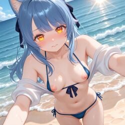 1girls ai_generated amber_eyes animal_ears beach bikini bikini_top_aside blue_hair blush breasts cat_ears embarrassed indie_virtual_youtuber long_hair looking_at_viewer micro_bikini navel nia_hoshinekodo nipples ponytail pubic_hair_peek ribbon_in_hair small_breasts solo_female sweat virtual_youtuber vtuber