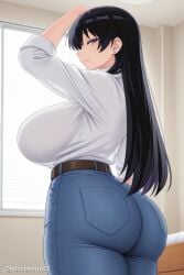 1girl ai_generated arato_nagi arm_up ass bangs belt black_hair blue_pants breasts brown_belt curvy denim earrings from_behind huge_breasts indoors jeans jewelry long_hair looking_at_viewer looking_back pants purple_eyes ruri_no_houseki shirt shirt_tucked_in smile solo twitter_username white_shirt window
