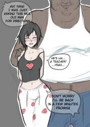 1boy 1girls aima_zero brown_hair dark-skinned_male english_text fat_male height_difference highlights_(coloring) line_art red_streaks ruby_rose rwby short_hair speech_bubble tank_top viz_media wide_hips