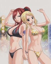 bikini black_hair blonde_hair edited erza_scarlet fairy_tail flower_pattern gray_fullbuster hair_bow happy_(fairy_tail) lucy_heartfilia mashima_hiro natsu_dragneel official_art pigtails pink_hair ponytail red_hair tattoo upscaled