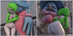 3d_(artwork) 5naptrap armless big_breasts big_butt big_hands big_hat black_eyes blue_hair border breasts butt clothing digital_media_(artwork) duo female gardevoir generation_3_pokemon generation_8_pokemon genitals green_hair hair hand_on_butt happy hatterene hi_res holding_butt humanoid impressed looking_at_butt looking_worried natural_breasts nintendo patreon pink_clothing pink_eyes pink_hair pink_vulva pokemon pokemon_(species) source_filmmaker_(artwork) text thick_thighs two_panel_image url vulva white_body white_border wide_hips