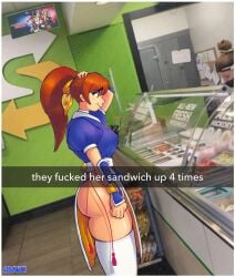 2girls ass big_breasts breasts brown_eyes brown_hair dead_or_alive dead_or_alive_6 food kasumi_(doa) kunoichi large_breasts meme multiple_girls ninja ponytail real_life saguinee short_sleeves subway_(company) sword teeth thighhighs weapon