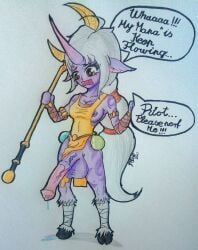 chibi_style futanari hooves horn horsecock horsecock_futa horsecock_on_humanoid league_of_legends long_hair purple_skin solo soraka thatonebell_(artist) traditional_art white_hair yellow_eyes