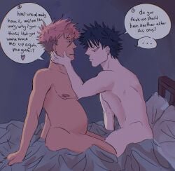 2boys black_hair breeding_kink english_dialogue feminized_male fushiguro_megumi gay husband_and_wife in_bed in_love itadori_yuuji jujutsu_kaisen knocked_up married_couple mpreg no_sex nude pink_hair pregnancy pregnant pregnant_belly pregnant_male romantic speech_bubble teasing