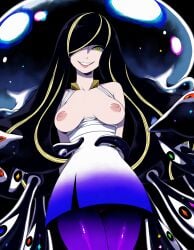 1girl 1girls ai_generated black_hair breasts breasts_out civitai dress green_eyes hair_over_one_eye long_hair lusamine_(pokemon) medium_breasts mind_control mother_beast_lusamine multicolored_hair nihilego nintendo nipples pokemon pokemon_(species) pokemon_sm smile stable_diffusion streaked_hair