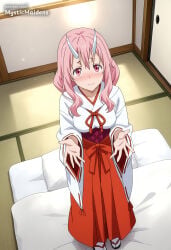 1girl ai_generated anime anime_style blush breasts closed_mouth full_body futon hair_between_eyes hakama hakama_skirt hentai hi_res horns indoors japanese_clothes kimono long_hair long_sleeves looking_at_viewer medium_breasts miko mystic_maidens nose_blush oni outstretched_arms patreon pillow pink_eyes pink_hair red_hakama sandals shuna_(tensei_shitara_slime_datta_ken) skirt solo standing tabi tatami tensei_shitara_slime_datta_ken watermark white_kimono white_socks wide_sleeves zouri
