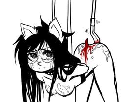 1girls animal_ears black_hair bleeding blood blood_stain bloody_hook bondage bound breasts closed_mouth collar color crablouse dog_ears ears exposed_breasts female female_only fur furry_ears glasses gore guro hair homestuck hook injury jade_harley long_hair mouth ms_paint_adventures nipples partially_colored puncture solo suspension tear white_background wound