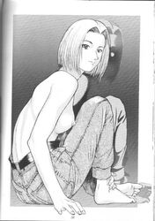 1990s 1997 1girls 20th_century barefoot belt blonde_female blue_mary feet female female_focus female_only hand_drawn jeans king_of_fighters pencil_(artwork) pinup pinup_pose reflection soles solo solo_female solo_focus toes topless yumemi_sakura