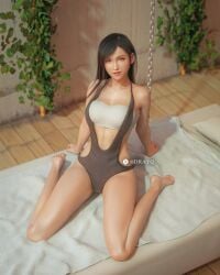3d bare_legs barefoot black_hair costume drayqin final_fantasy final_fantasy_vii final_fantasy_vii_rebirth final_fantasy_vii_remake fit fit_female hair_over_one_eye kneeling leaning_back long_hair looking_at_viewer medium_breasts one-piece_swimsuit posing posing_for_picture posing_for_the_viewer slim_female slim_waist soles soles_female soles_fetish spread_legs swimsuit tagme teasing teasing_viewer tifa_lockhart toes video_game_character