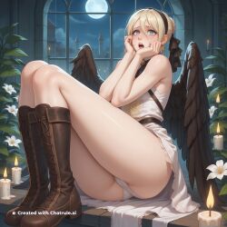 1girl ai_assisted ai_generated big_butt black_boots black_wings blonde_hair bloodborne bloom blue_eyes blurry_background candle feathered_wings from_behind full_body hand_on_leg hands_on_own_cheeks indoors laboratory looking_at_viewer looking_away moaning moon nervous night open_mouth pale_skin short_dress showing_butt shy sitting sleeveless sleeveless_dress star_shaped_pupils star_symbol symbol_shaped_pupils teary_eyes upper_body vignetting white_dress white_panties wings
