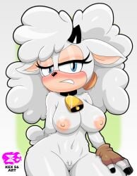 anthro areola bell bell_collar black_horn blue_eyes blush bovid breasts brown_clothing brown_gloves brown_handwear caprine clenched_teeth clothing collar countershade_face countershade_snout countershading eyelashes female fingerless_gloves fingers floppy_ears fur genitals glistening glistening_body glistening_breasts gloves hair handwear hooved_fingers hooves horn idw_publishing kex56 lanolin_the_sheep_(sonic) logo mammal navel nipples nude puffy_hair sega sheep sneer snout solo sonic_the_hedgehog_(comics) sonic_the_hedgehog_(idw) sonic_the_hedgehog_(series) spanish_description tan_areola tan_nipples teeth thick_eyelashes thick_thighs tied_hair vulva white_body white_fur white_wool wool_(fur)