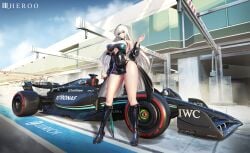 1girl absurdres animal_ears azur_lane big_breasts breasts car cleavage clothing_cutout dress eyepatch formula_one formula_racer fritz_rumey_(azur_lane) highres huge_breasts long_hair louu_heroo mercedes-benz motor_vehicle petronas planted planted_umbrella race_queen race_vehicle racecar red_eyes solo umbrella underboob_cutout very_long_hair
