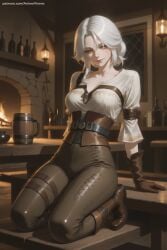 1girl ai_generated belt bookshelf boots breasts brown_footwear candle ciri closed_mouth gloves hi_res high_quality high_resolution indoors knee_boots lips looking_at_viewer pants patreon seductive sexy silver_hair solo the_witcher_(series) uncensored watermark weapon
