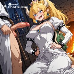 1girl absurdly_long_hair ai_assisted ai_generated anime_screencap blood_splatter blue_eyes bowsette campsite castle close_up dutch_angle dynamic_angle firelight flaccid_penis frowning hands_on_hip high_quality horns indoors juliet_sleeves kneeling long_sidelocks long_sleeves looking_at_penis mario_(series) night nintendo open_mouth outside smile upper_body white_dress white_robe yellow_hair