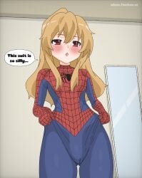 1girl adjusting_clothes aisaka_taiga blush blushing bodysuit cosplay cute cute_face cute_female dialogue female female_only looking_down orange_hair pulling_clothing red_eyes skin_tight skinny skinny_female small_breasts smaller_female solo solo_female spider_girl spider_suit superhero superheroine taiga_aisaka teasing toradora! ubau wedgie wedgied_female