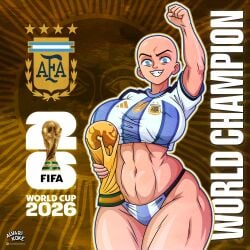 1girls 2020s 2026 2d alvarikokearte bald bald_female big_breasts blue_eyes breasts female female_only fifa light-skinned_female light_skin png solo trophy world_cup