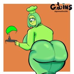 ass_in_dress ass_in_skirt bad_posture bbw big_ass big_breasts big_nose chef_hat chubby chubby_female cooking deltarune deltarune_chapter_5 dress fanart g.lins green_(deltarune) green_hair green_skin looking_at_viewer pancake smiling_at_viewer smilling thick_ass thick_thighs