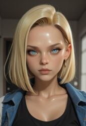 1girl ai ai_generated android_18 black_shirt blonde_hair blue_eyes breasts closed_mouth collarbone denim denim_jacket dragon_ball dragon_ball_super dragon_ball_z earrings eyelashes forehead jacket jewelry lips looking_at_viewer nose patreon portrait realistic sci-fi shiny shirt short_hair solo upper_body watermark
