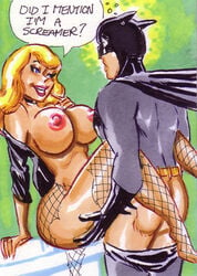 batman batman_(series) black_canary blonde dc_comics dinah_lance female fishnet_stockings green_arrow_(series) human joe_gravel justice_league large_breasts male nipples sex sketch_card straight tagme torn_clothes