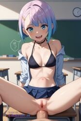 1boy 1girl ai_assisted ai_generated anal_sex asymmetrical_hair black_bikini classroom cleavage collarbone cyberpunk_edgerunners halterneck heavy_breathing huge_cock legs_spread looking_at_viewer looking_down lucy moaning multicolored_eyes multicolored_hair no_panties open_mouth pov pussy school_uniform skirt smile solo_female source_anime stomach_bulge teeth