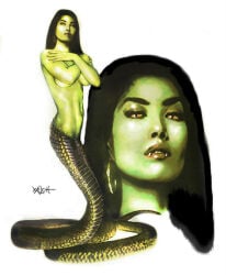1girls 2016 big_breasts black_hair breasts earrings fangs female green_skin lamia monster_girl naga nude solo topless traditional_media_(artwork) woodywelch yellow_eyes