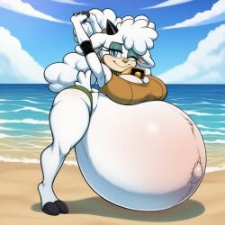 ai_generated anthro anthro_only beach_background bikini blue_eyes female female_only holding_pregnant_belly hyper_pregnancy lanolin_the_sheep lazybonesai looking_at_viewer pregnant pregnant_anthro pregnant_belly sega sheep sonic_(series) sonic_the_hedgehog_(series) stretching