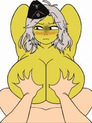 1boy 1girls angry animated animated_gif arms_behind_head arms_up army_girl beat_banger big_breasts blonde_hair blush brown_eyes female_soldier german_female gif hands_on_breasts looking_away muscular_female nazi oc paizuri paizuri_lead_by_male roblox robloxian ww2 yellow_body