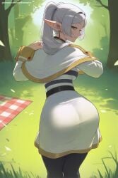 1girl ai_generated ass capelet dark_elf dress earrings elf forest frieren from_behind grass green_eyes hi_res high_quality high_resolution jewelry long_hair long_sleeves looking_at_viewer looking_back nature patreon pointy_ears ponytail seductive sexy silver_hair smile solo sousou_no_frieren tree uncensored watermark white_capelet white_dress