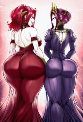 2girls ass ass_focus back backless_dress backless_outfit bare_back bare_shoulders breasts clothing colored_skin crown curvy dress earrings envy female female_only from_behind green_eyes hair_bun hair_up huge_ass jealous jealous_female jewelry juliet_sleeves large_breasts long_hair long_sleeves looking_at_another looking_back malty_s_melromarc mature_female milf mirelia_q_melromarc mother mother_and_daughter multiple_girls pale_skin png ponytail puffy_sleeves purple_dress purple_eyes purple_hair red_dress red_hair smile tate_no_yuusha_no_nariagari the_rising_of_the_shield_hero thick_thighs thighs tiara wide_hips