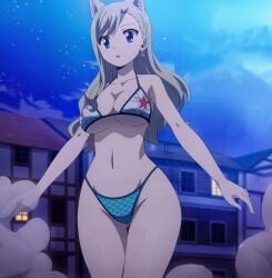anime_screencap anime_screenshot bikini blonde_hair blue_eyes cat_ears cleavage collarbone earrings edens_zero edited groin house large_breasts long_hair navel night rebecca_bluegarden smoke string_bikini thighs underboob upscaled