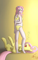 2013 blue_background blue_eyes blush breasts cradeelcin cutie_mark duo equine female feral fluttershy_(mlp) friendship_is_magic green_eyes hair horse human humanized kneeling looking_at_viewer looking_back lying multicolored_hair my_little_pony on_back panties pegasus pink_hair plain_background pony pussy pussy_juice saliva sideboob socks square_crossover tongue tongue_out underwear wings yellow_fur