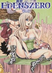 bare_shoulders black_skirt blonde_hair blue_eyes burger choker cleavage cow_print e.m._pino eating eating_burger edens_zero edited knee_boots large_breasts levitation long_hair manga_cover mashima_hiro miniskirt open_mouth pants rebecca_bluegarden red_jacket robot shiki_granbell sitting spread_legs strapless_top upscaled upside-down wavy_hair white_panties