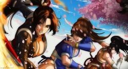 3girls absurdres artist_name big_breasts black_hair black_jacket blue_sky breasts brown_hair capcom cherry_blossoms cleavage clothing_cutout collarbone commentary commission cropped_jacket dated dead_or_alive detached_sleeves english_commentary fatal_fury fatal_fury:_city_of_the_wolves garou:_mark_of_the_wolves hair_over_one_eye hair_up hand_fan high_ponytail highres holding holding_fan holding_sword holding_weapon jacket japanese_clothes kasumi_(doa) kunoichi looking_at_viewer mai_shiranui momiji_(ninja_gaiden) multiple_girls ninja ninja_gaiden partially_unzipped pelvic_curtain ponytail raydash30 shiranui_mai sky smile snk street_fighter street_fighter_6 sword tecmo unzipped weapon