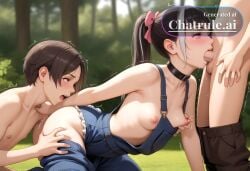 1girl ai_assisted ai_generated bangs black_hair blunt_bangs brown_hair collar cowgirl deepthroat detailed_background detailed_eyes embarrassed frills group_sex hair_bow high_ponytail long_hair long_sleeves moaning multicolored_hair naked outside overalls pants parted_bangs pink_eyes ponytail purple_eyes pussy_sex realistic saliva shaking side_view spread_legs streaked_hair suspenders tears teeth tree two_tone_hair white_hair