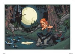 casual clarke clothing dressing headwear human melusine_(spirou_magazine) moon night outdoors outside pale_skin red_hair spirou_magazine vinh water witch