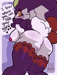 anthro butt butt_focus clothing dupin_(pal) female fishys1 fur heart_eyes heart_symbol hi_res legwear looking_at_viewer looking_back looking_back_at_viewer looking_down nude pal_(species) palworld pocketpair purple_body purple_fur red_body red_fur seductive simple_background solo standing text_box thigh_highs white_body white_fur yellow_body yellow_fur