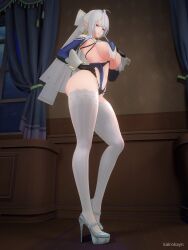 3d elf elf_ears gloves hazeker heels kairokayn legwear light-skinned_female pointy_ears purple_eyes skimpy skimpy_clothes stockings tagme tie velina_airgid white_hair white_thighhighs zenless_zone_zero