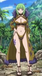 anime_screencap bikini blue_sky brandish_mew chains choker cleavage coat edited expressionless fairy_tail full_body fur_collar fur_trim green_eyes green_hair hair_ornament highleg_bikini large_breasts leg_tattoo long_sleeves mountain navel palm_tree screencap screenshot sexy short_hair upscaled